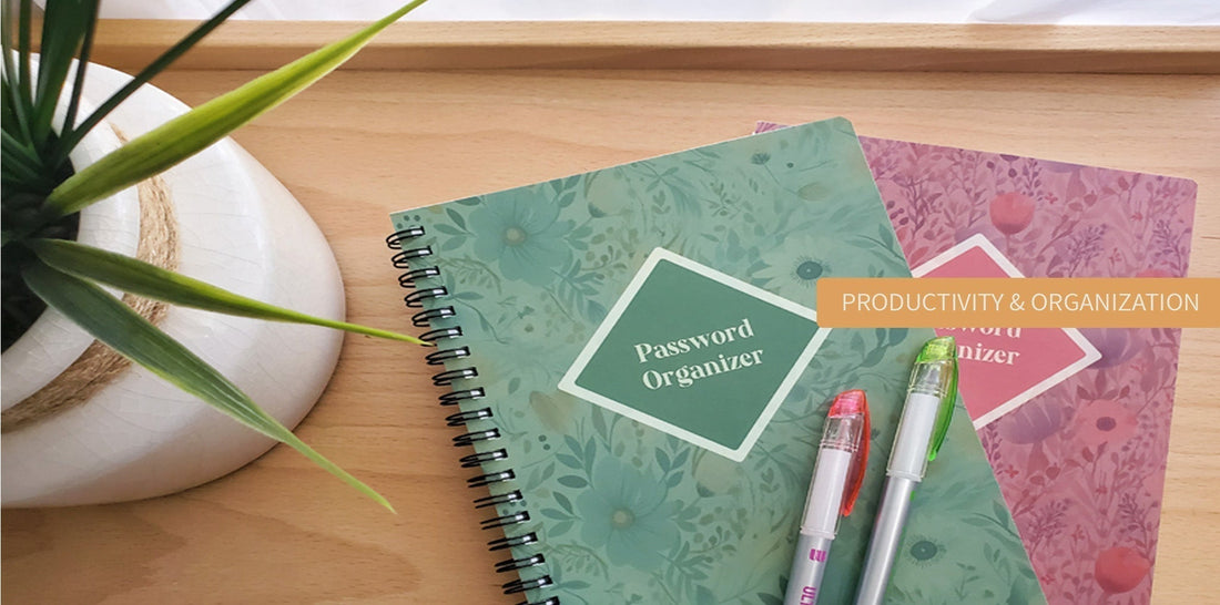 Password organizer notebooks on a desk